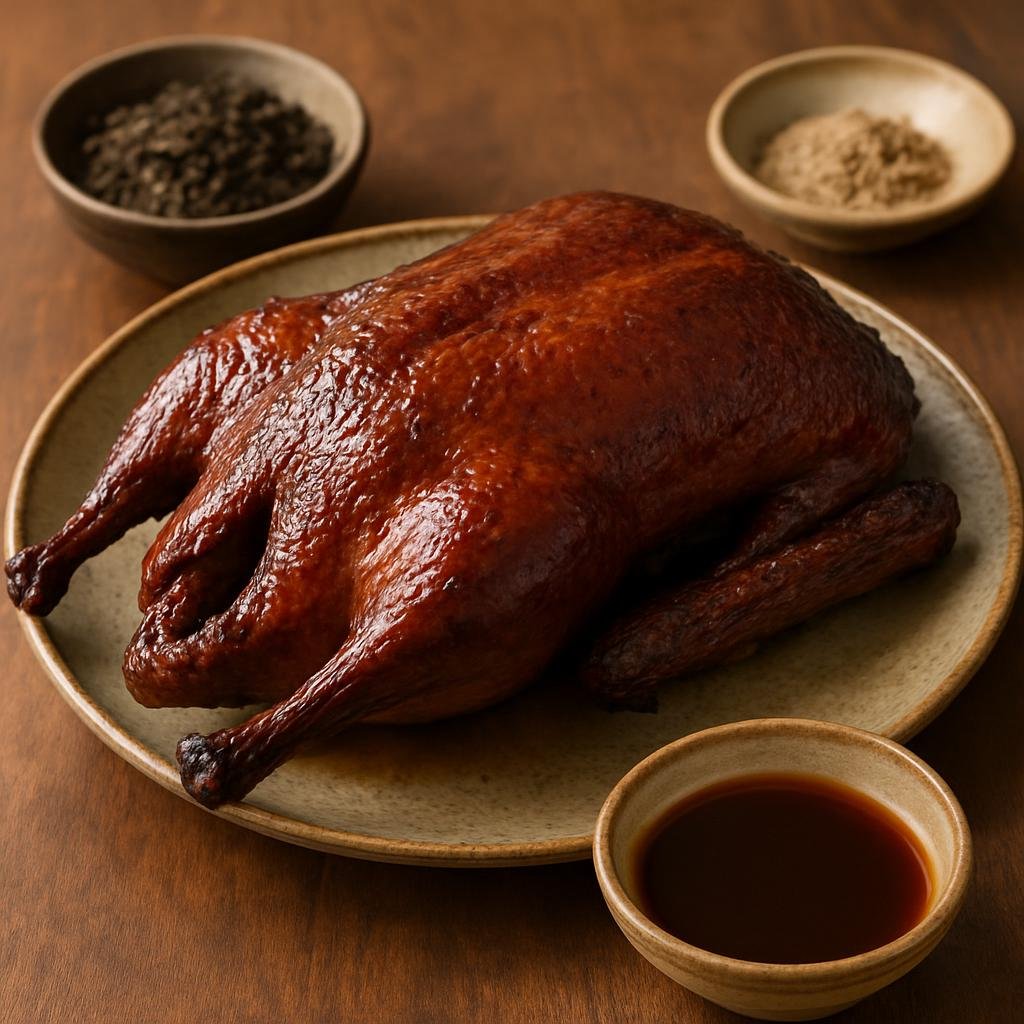 Entree: China – Central Culinary Region – 茶熏鸭 ➤ chá xūn yā (Whole duck cured and smoked over tea and rice, then roasted to a glossy, fragrant, crispy finish) recipe