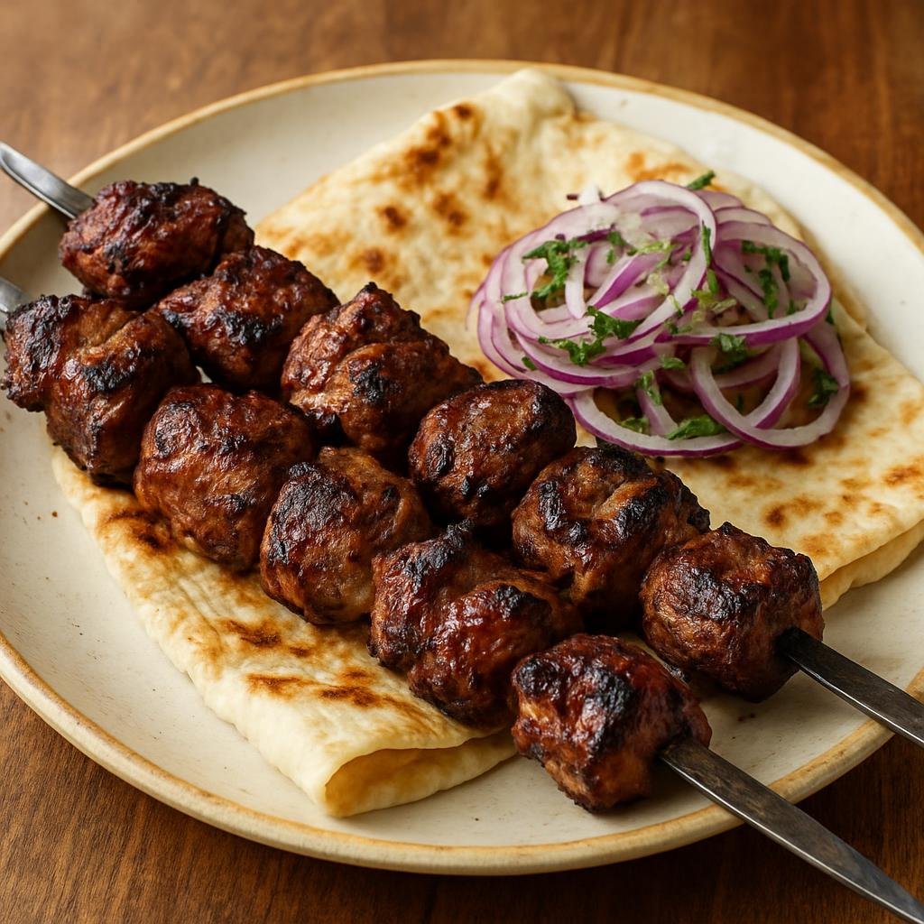 Entree: Azerbaijan – Central Culinary Region – Tika Kebab (skewered marinated lamb pieces grilled over coals until charred and tender) recipe