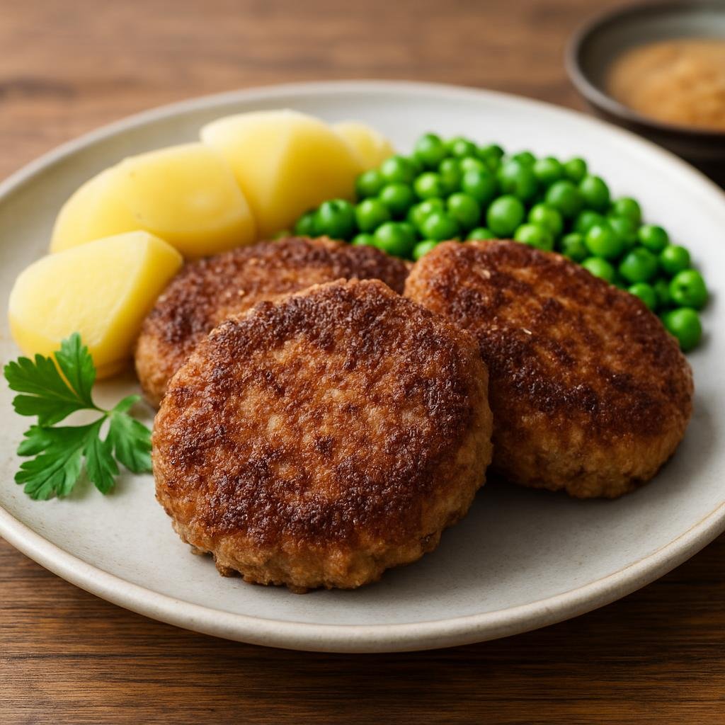 Entree: Denmark – Funen – Krebinetter (Pan-fried seasoned meat patties, lightly breaded and browned until crisp) recipe