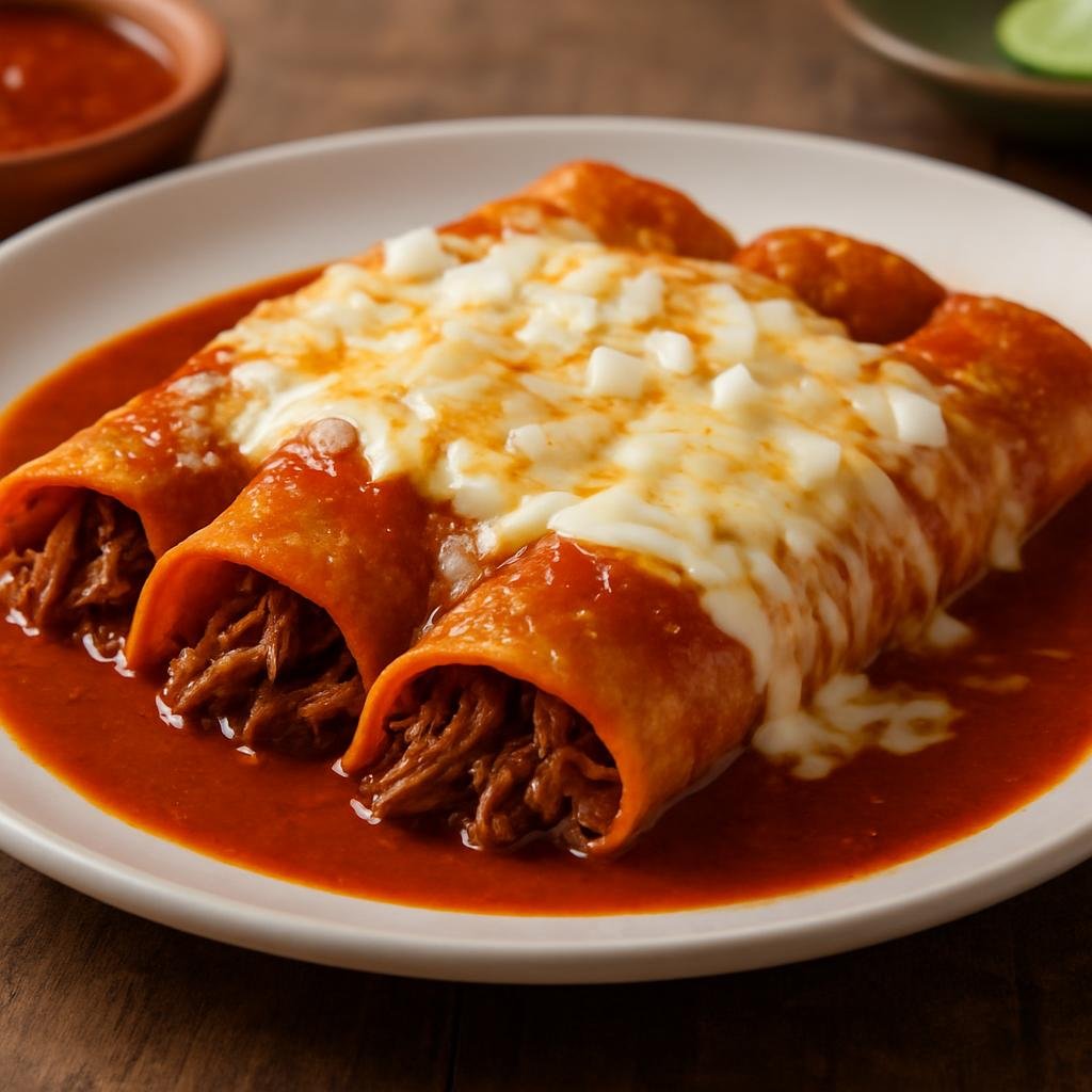 Entree: Mexico – Chihuahua & Northern Mexico – Enchiladas Norteñas (Folded corn tortillas filled with seasoned shredded beef and coated in a bright red chile sauce, topped with melting cheese, onion, and crema) recipe