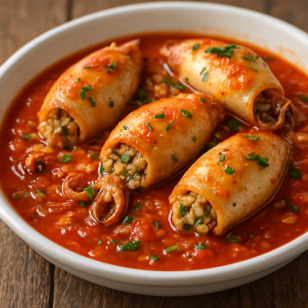 Entree: Greece – Cyclades – Καλαμαράκια Γεμιστά ➤ Kalamarákia Gemistá (Small squid stuffed with herbed rice and baked or simmered in a light tomato sauce) recipe