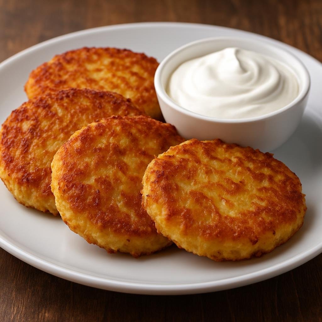 Entree: Ukraine – Kyiv & Central Ukraine – Пляцки ➤ Plyatsky (Pan-fried grated potato cakes, crisp outside and tender inside, served with sour cream) recipe