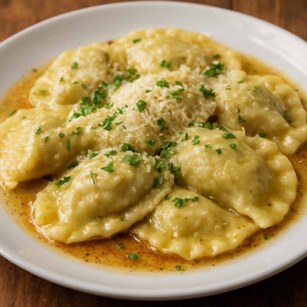 Entree: Austria – Tyrol – Tiroler Schlipfkrapfen (Tyrolean boiled pasta pockets filled with potato and quark, dressed with browned butter and cheese) recipe
