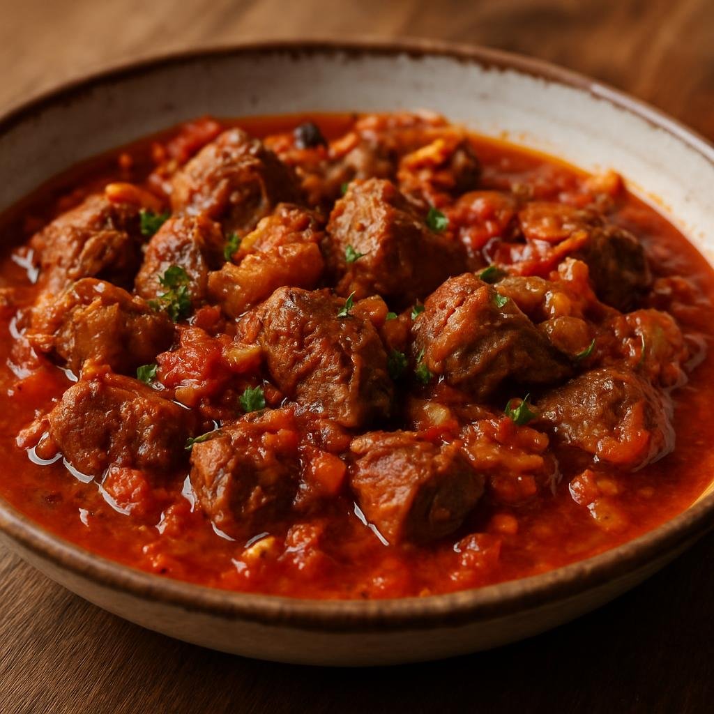Entree: Azerbaijan – Central Culinary Region – Govurma (Pan-seared and simmered lamb stew from Azerbaijan cooked with onions, tomatoes, and warming spices) recipe