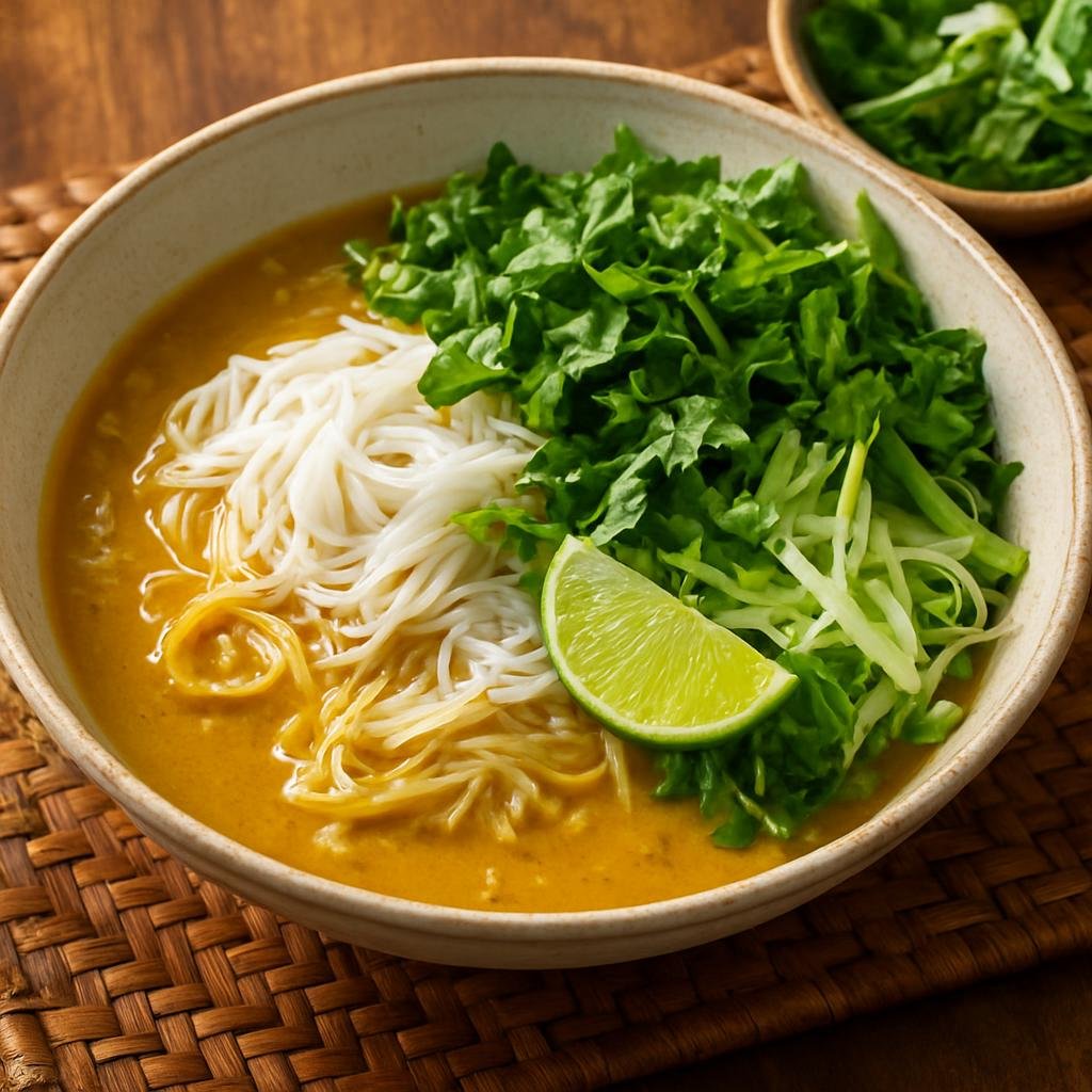 Entree: Cambodia – Mekong Cambodia – នំបញ្ចុក ➤ num banh chok (Cambodian rice noodle dish served with a tangy turmeric-and-fish broth and fresh herbs) recipe