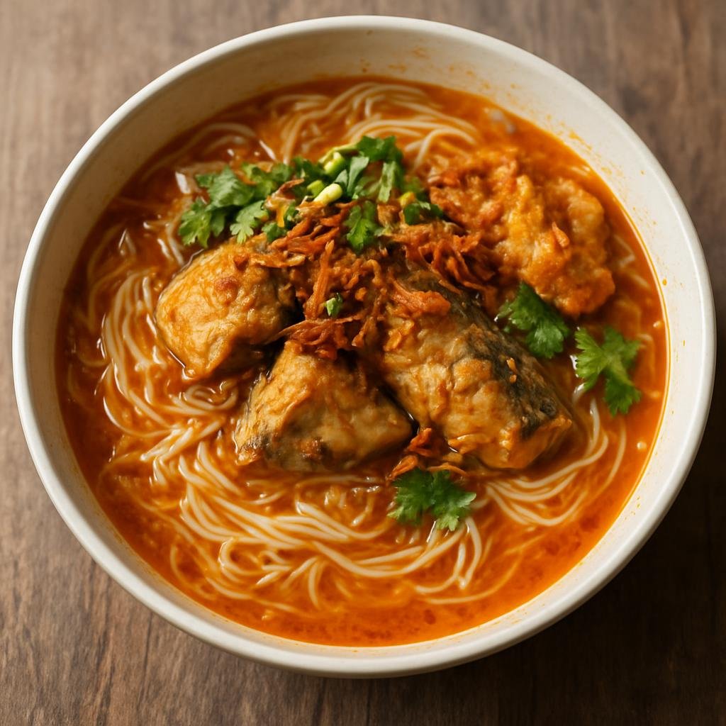 Entree: Myanmar – Rakhine Coastal – ရာခိုင် မုန့်တီ ➤ Rakhine Mont Di (Tangy Rakhine coastal rice noodle soup with fish-based broth, fermented ngapi, and crisp garnishes) recipe