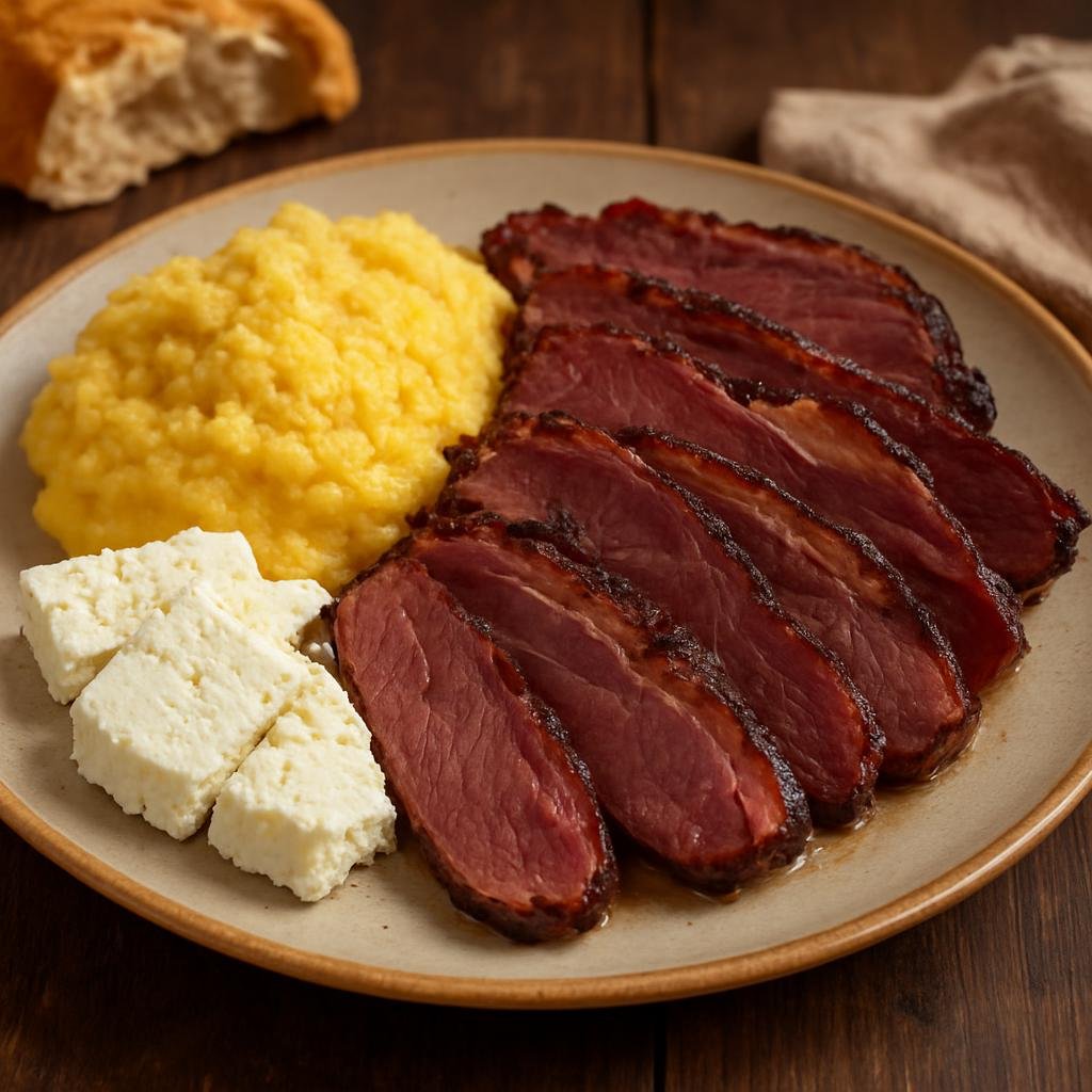 Entree: Romania – Transylvania – Pastramă de oaie (Cured and smoked mutton traditionally simmered and finished roasted, served sliced often with mamaliga and cheese) recipe