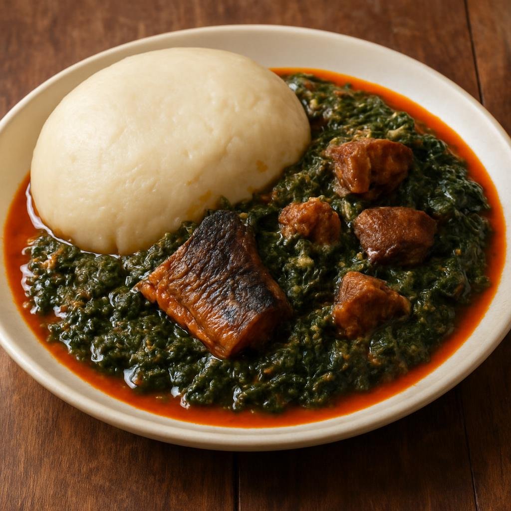 Entree: Cameroon – Southern Culinary Region – Fufu and Eru (Starchy cassava fufu served with a richly seasoned palm-oil stew of eru leaves, smoked fish, and meat) recipe