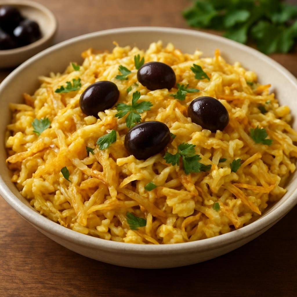Entree: Cape Verde – Southern Culinary Region – Bacalhau à Brás (Shredded salt cod sautéed with onions and thin fried potatoes, bound with scrambled eggs and garnished with parsley and olives) recipe