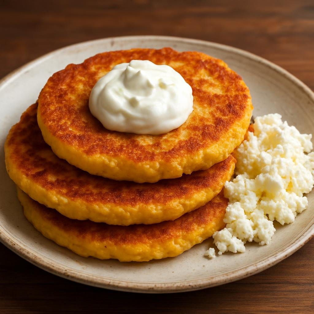 Entree: Costa Rica – Southern Culinary Region – Chorreadas (Thick sweet corn pancakes made from fresh corn batter, pan-fried until golden and commonly served with cream or cheese) recipe