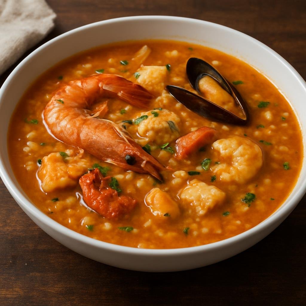 Entree: Dominican Republic – Southern Culinary Region – Asopao de Mariscos (Dominican seafood rice stew of tomatoes, rice, and savory broth) recipe
