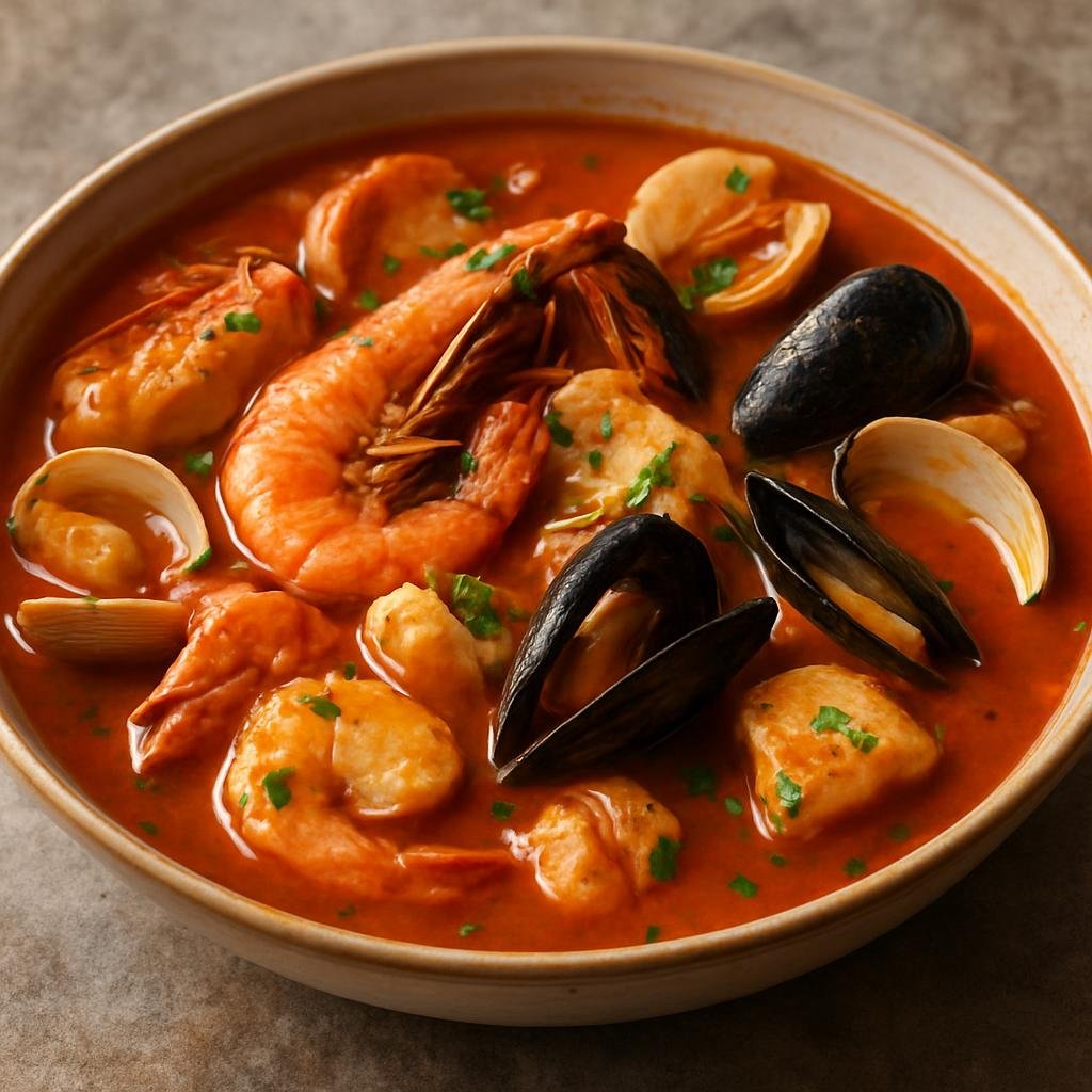 Entree: El Salvador – Southern Culinary Region – Mariscada (Hearty Salvadoran seafood stew of mixed shellfish and fish in a seasoned tomato broth) recipe