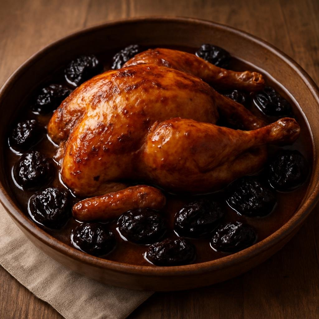 Entree: French Southern Territories – Southern Culinary Region – Pintade aux Pruneaux (Guinea fowl braised with prunes, wine, and aromatic stock until tender and glazed) recipe