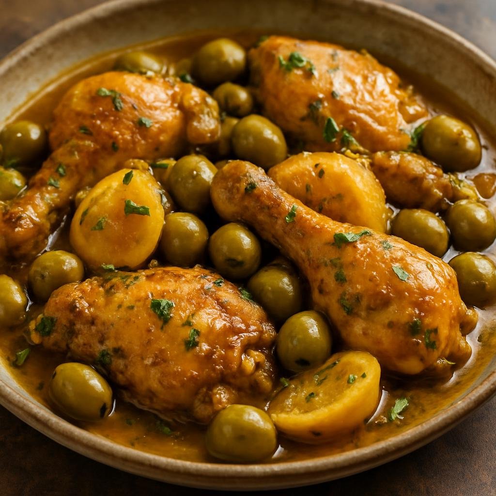 Entree: Morocco – Marrakesh – Chicken with Preserved Lemon and Olives (Braised Moroccan chicken stewed with preserved lemon, green olives, and warm spices) recipe