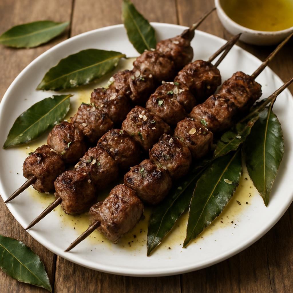 Entree: Portugal – Madeira – Espetada Madeirense (Madeiran skewered beef grilled on laurel branches, seasoned with garlic, bay leaves, coarse salt, and olive oil) recipe