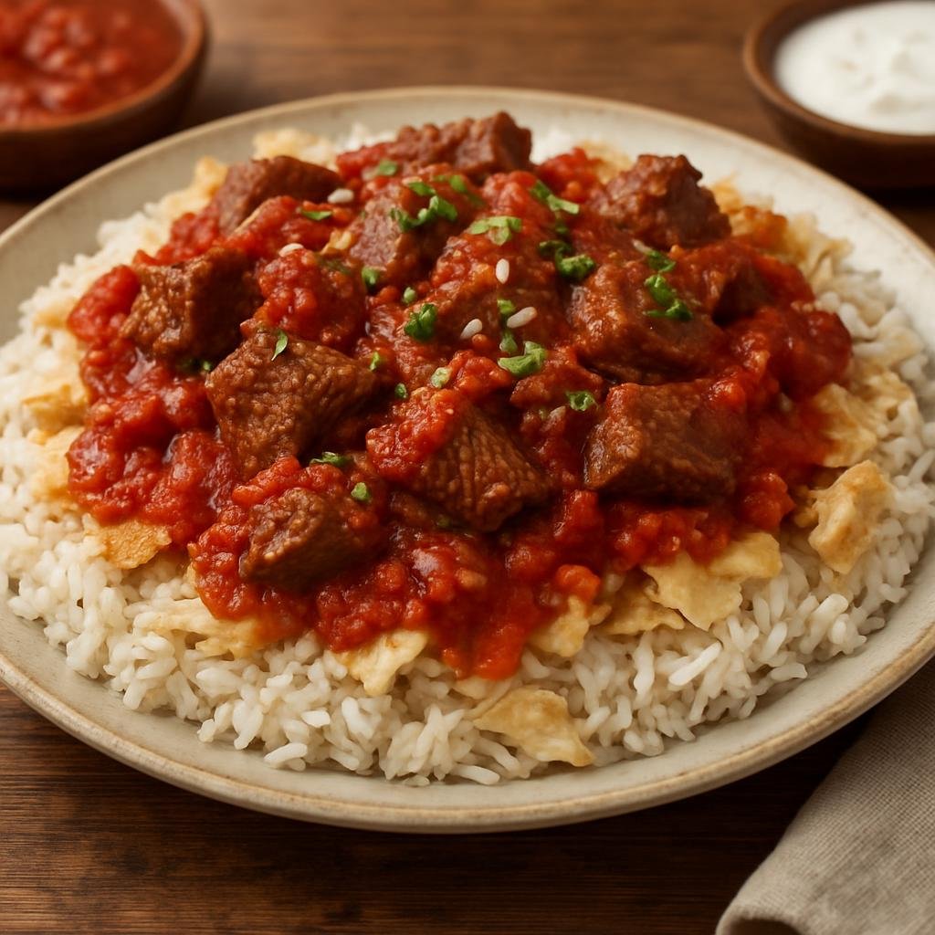 Entree: Egypt – Nubian Egypt – فتة ➤ Fatta (Traditional Egyptian layered rice and flatbread dish served with meat and a tangy garlicky tomato-vinegar sauce) recipe