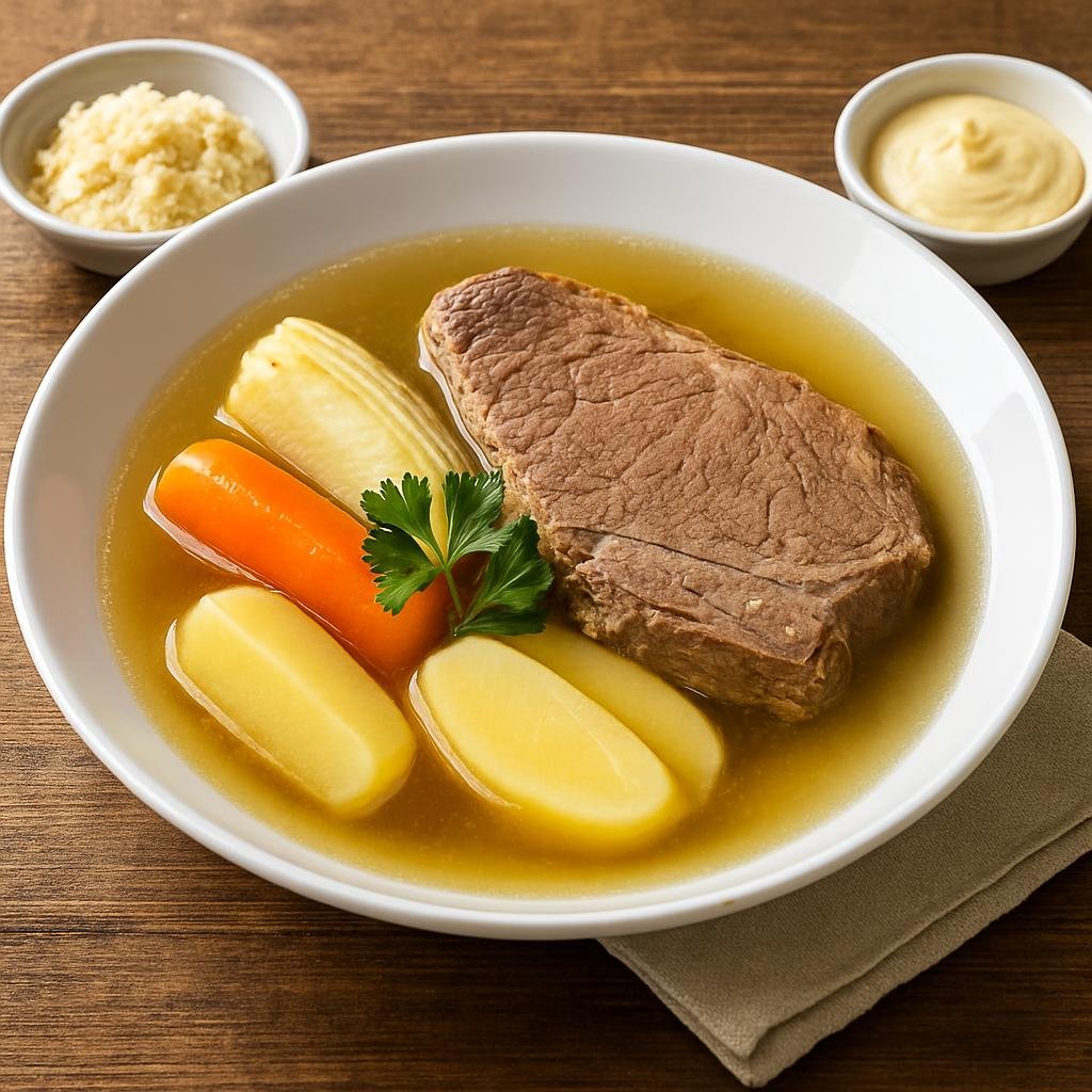 Entree: Austria – Vienna – Tafelspitz (Boiled beef in a clear aromatic broth served with root vegetables and horseradish-based sauces) recipe