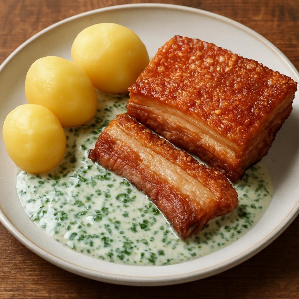 Entree: Denmark – Jutland – Stegt Flæsk med Persillesovs (Crisp fried pork belly served with a creamy parsley sauce and boiled potatoes) recipe