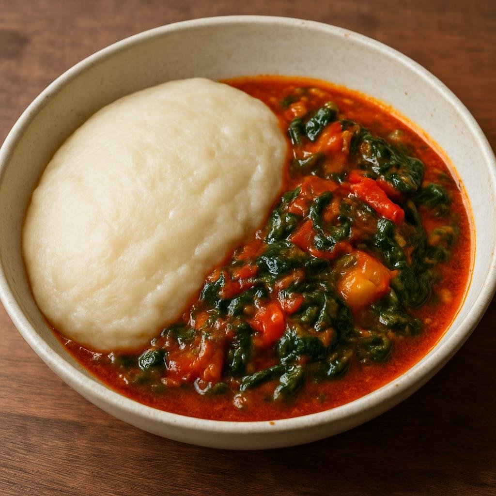 Entree: Ghana – Northern Ghana – Tuo Zaafi (Thick Northern Ghanaian maize and millet porridge served with a spicy tomato, pepper, and leafy-vegetable stew) recipe
