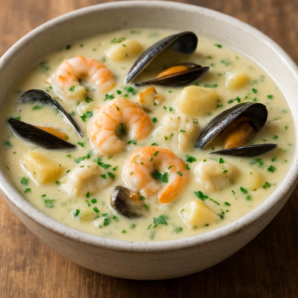 Entree: Ireland – West Ireland – Seafood Chowder (Creamy Irish coastal chowder of fish, shellfish, potatoes, and herbs) recipe