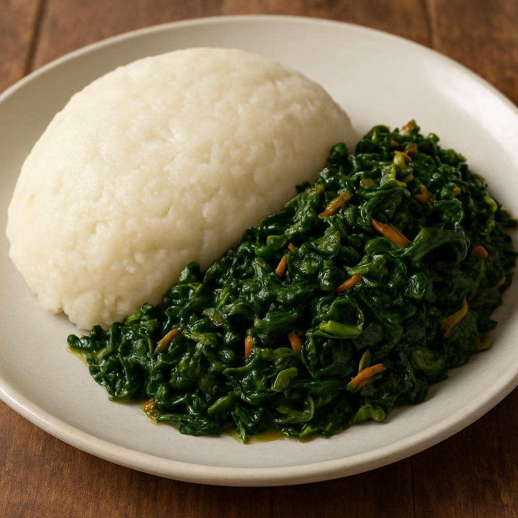 Entree: Kenya – Western Kenya – Ugali na Sukuma Wiki (Stiff cornmeal porridge served with sautéed collard greens) recipe