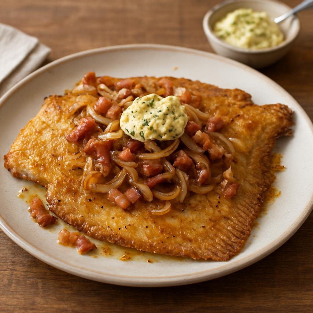 Entree: Germany – Hamburg & North Sea – Finkenwerder Scholle (North German pan-fried plaice with smoked bacon, onions, and anchovy butter) recipe