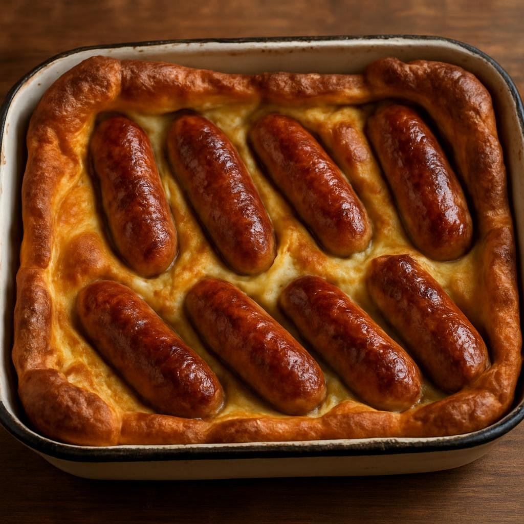 Entree: United Kingdom – England - Midlands – Toad in the Hole (Sausages baked in a light, puffed Yorkshire-pudding-style batter) recipe