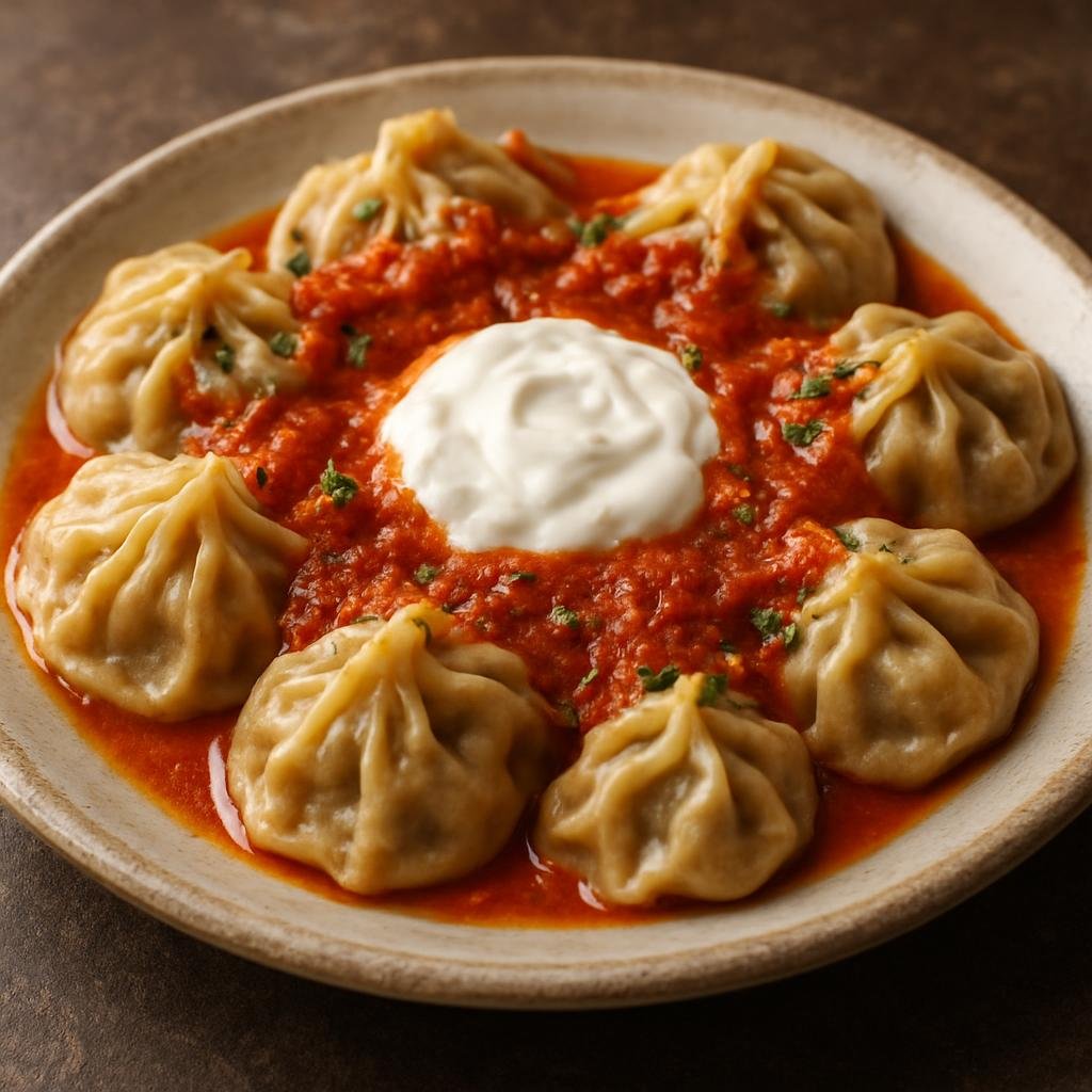 Entree: Afghanistan – Northern Afghanistan – مانتو ➤ Mantu (Steamed Afghan dumplings filled with spiced ground lamb, served with yogurt and tomato-garlic sauce) recipe