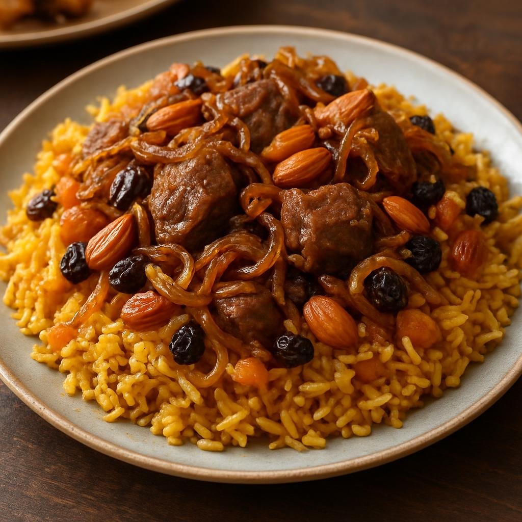 Entree: Azerbaijan – Nakhchivan – Plov (Scented saffron rice layered with braised lamb, caramelized onions, and dried fruits and nuts) recipe