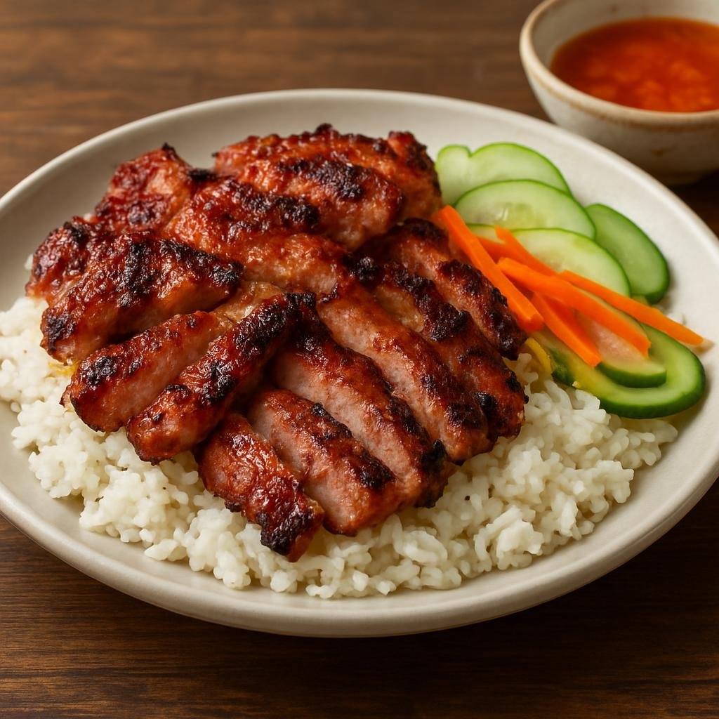 Entree: Cambodia – Phnom Penh – បាយសាច់ជ្រូក ➤ bai sach chrouk (Cambodian grilled marinated pork served over broken rice with pickles) recipe