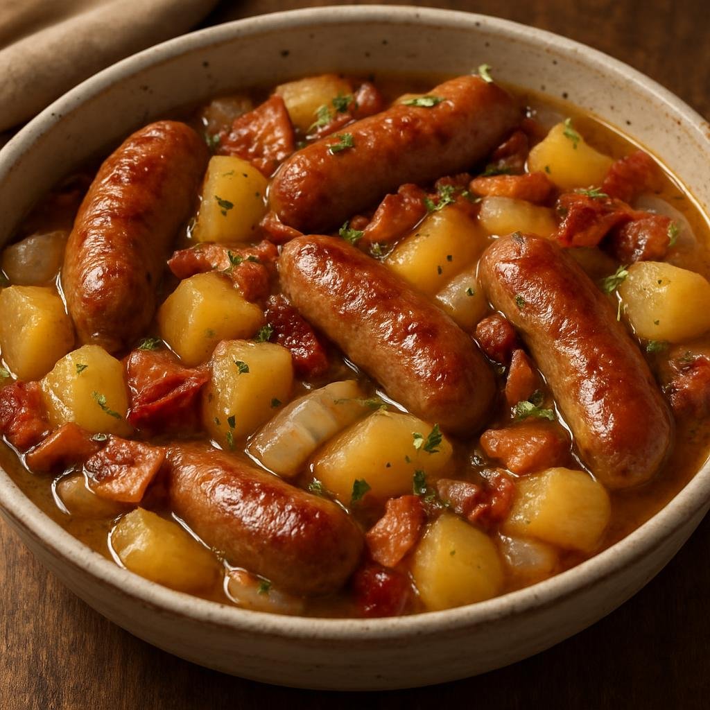 Entree: Ireland – West Ireland – Dublin Coddle (Hearty one-pot stew of sausages, bacon, potatoes, and onions simmered until soft) recipe