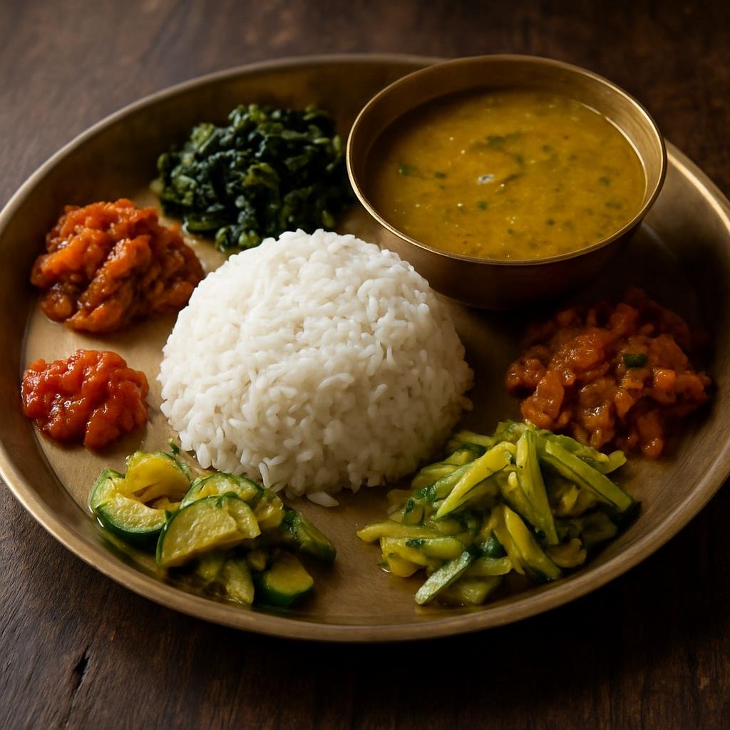 Entree: Nepal – Thakali Cuisine – दाल भात ➤ dāl bhāt (Lentil stew served with steamed rice and typical Thakali side dishes) recipe