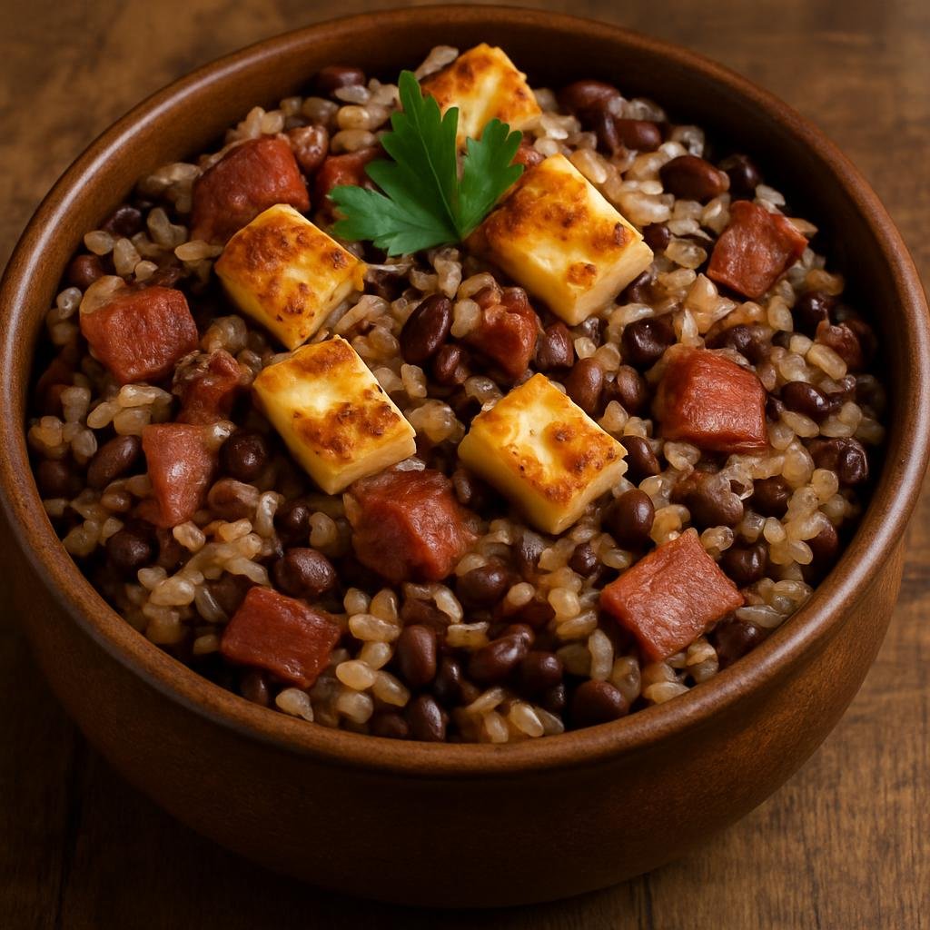 Entree: Brazil – Ceara – Baião de Dois (Hearty Brazilian one-pot rice and beans cooked with cured pork and queijo coalho cheese) recipe
