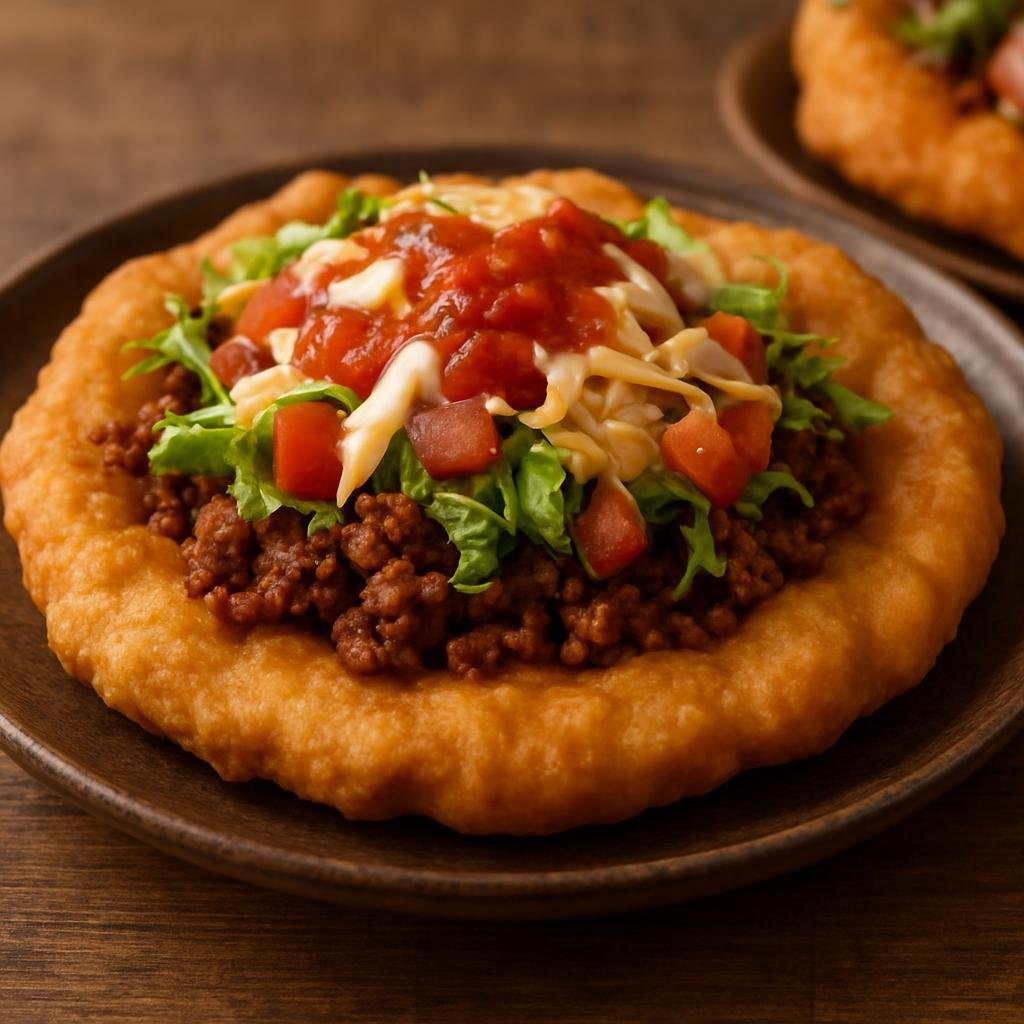Entree: Canada – Interior British Columbia – Bannock Tacos (Fried Indigenous flatbread used as a handheld taco filled with seasoned meat, vegetables, and tangy condiments) recipe