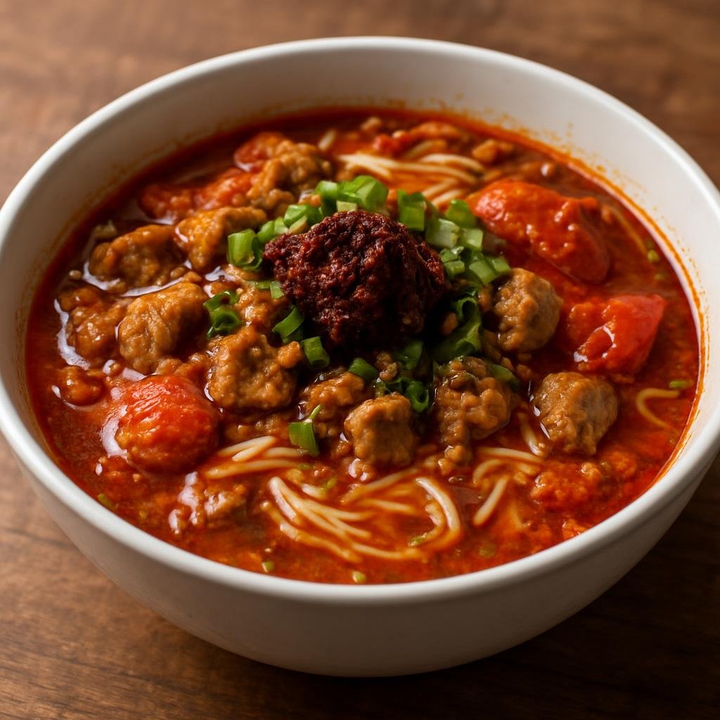 Entree: Thailand – Northern Thailand – น้ำเงี้ยว ➤ nam ngiao (Spicy-tangy Northern Thai noodle soup with pork, tomatoes, and distinctive fermented chili paste) recipe