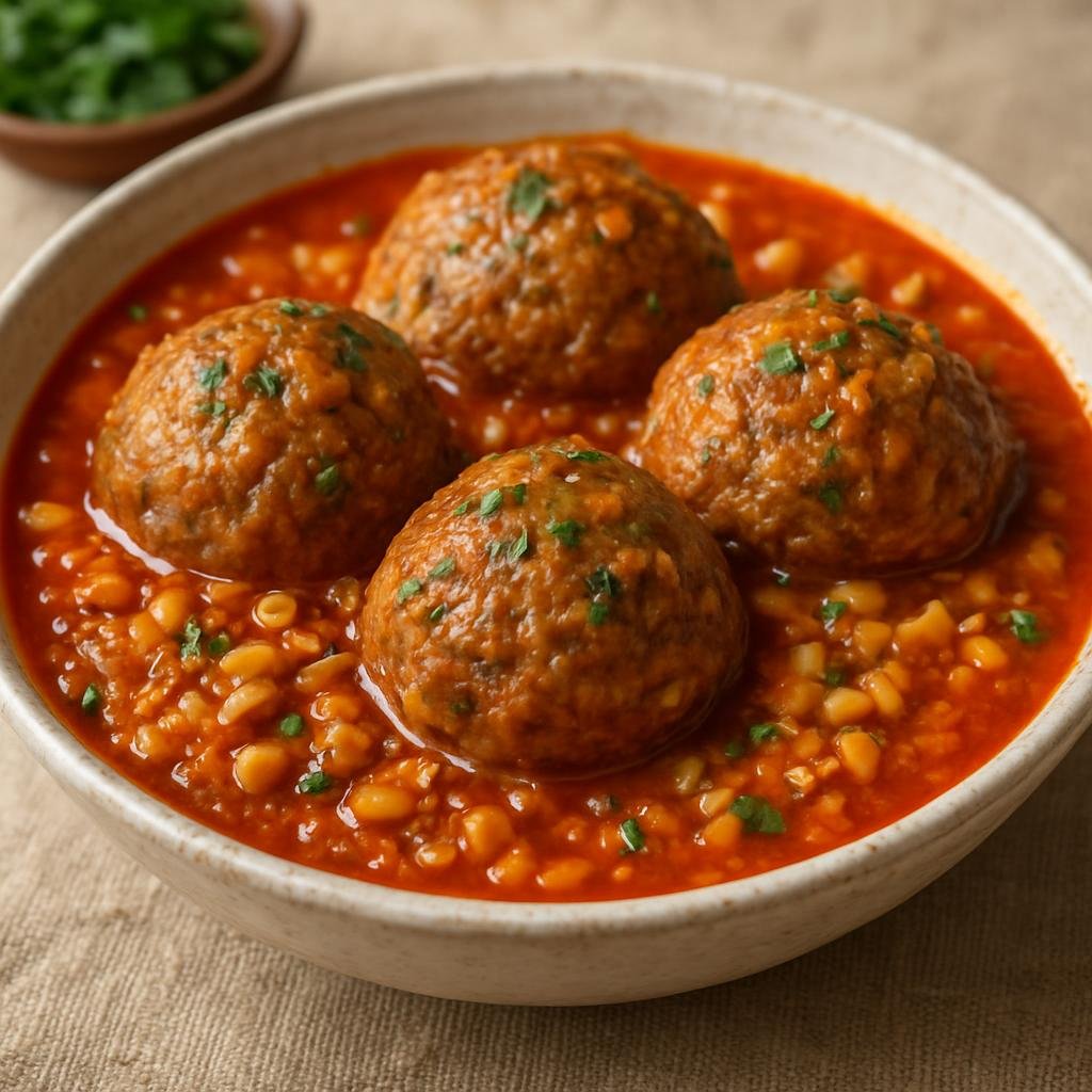 Entree: Iran – Khorasan – کوفته خراسانی ➤ Kufteh-ye Khorasani (Large stuffed Persian meatballs of meat, rice, and split peas simmered in a tomato-spiced broth) recipe
