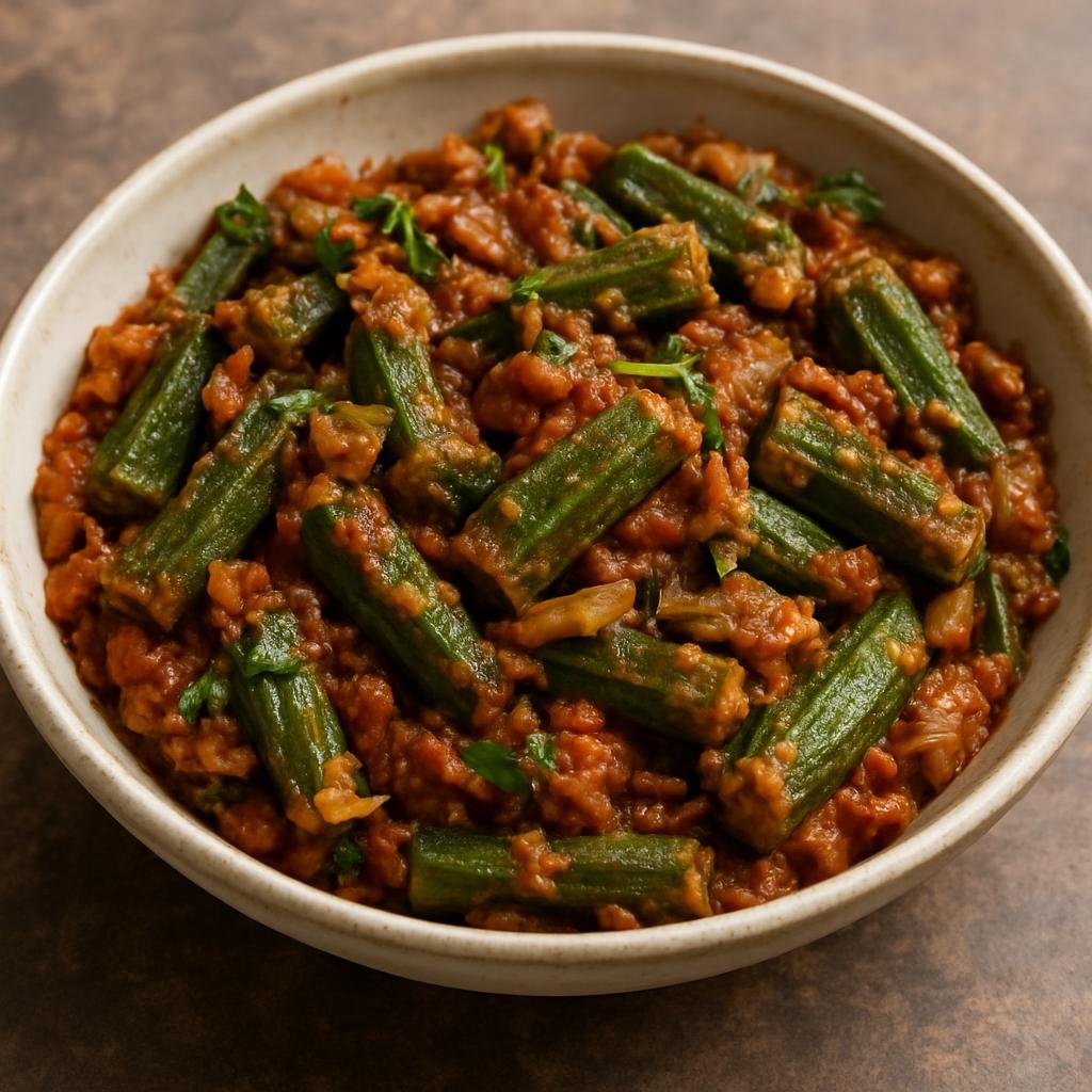Entree: India – Punjab – भिंडी मसाला ➤ Bhindī Masālā (Dry spiced okra stir-fry cooked with onions, tomatoes and Punjabi spices) recipe