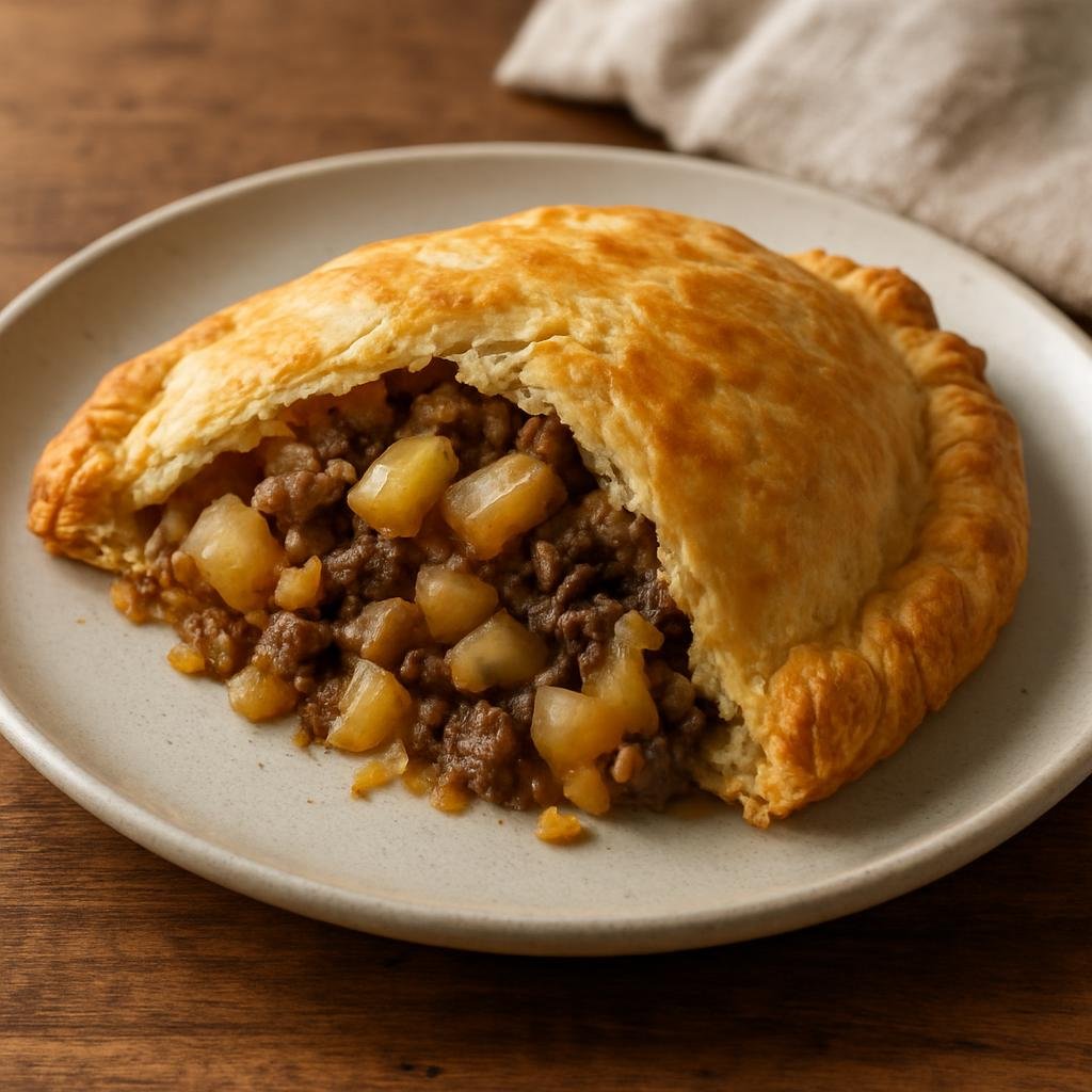 Entree: United States – Upper Midwest – Pasty (Hearty handheld savory turnover filled with seasoned beef, potatoes, onion and rutabaga baked in a flaky pastry) recipe