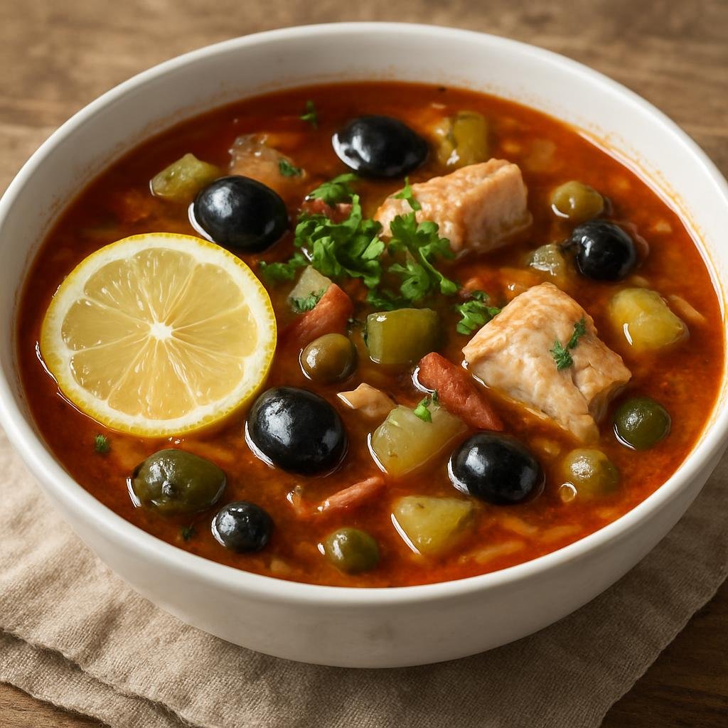 Entree: Ukraine – Odesa & Black Sea – Солянка ➤ Solyanka (Hearty sour-salty Black Sea fish soup with pickled cucumbers, olives, capers, and lemon) recipe
