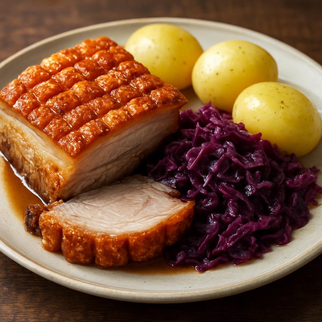 Entree: Denmark – Jutland – Flæskesteg (Roast pork with crisp crackling served with braised red cabbage and boiled potatoes) recipe
