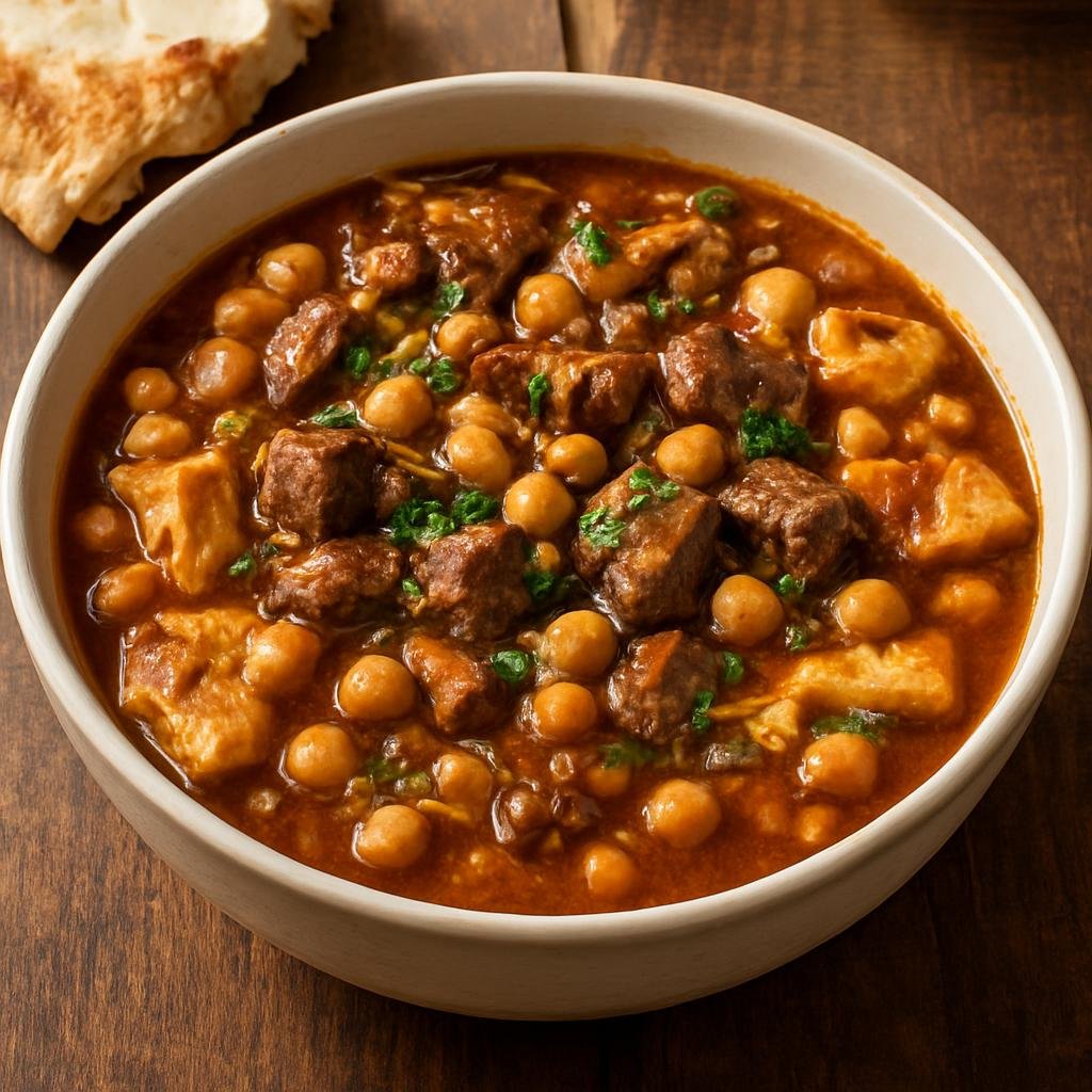 Entree: Iraq – Mosul & North – تشريب ➤ Tashrīb (Bread soaked in a savory meat and chickpea broth, served as a hearty stew) recipe