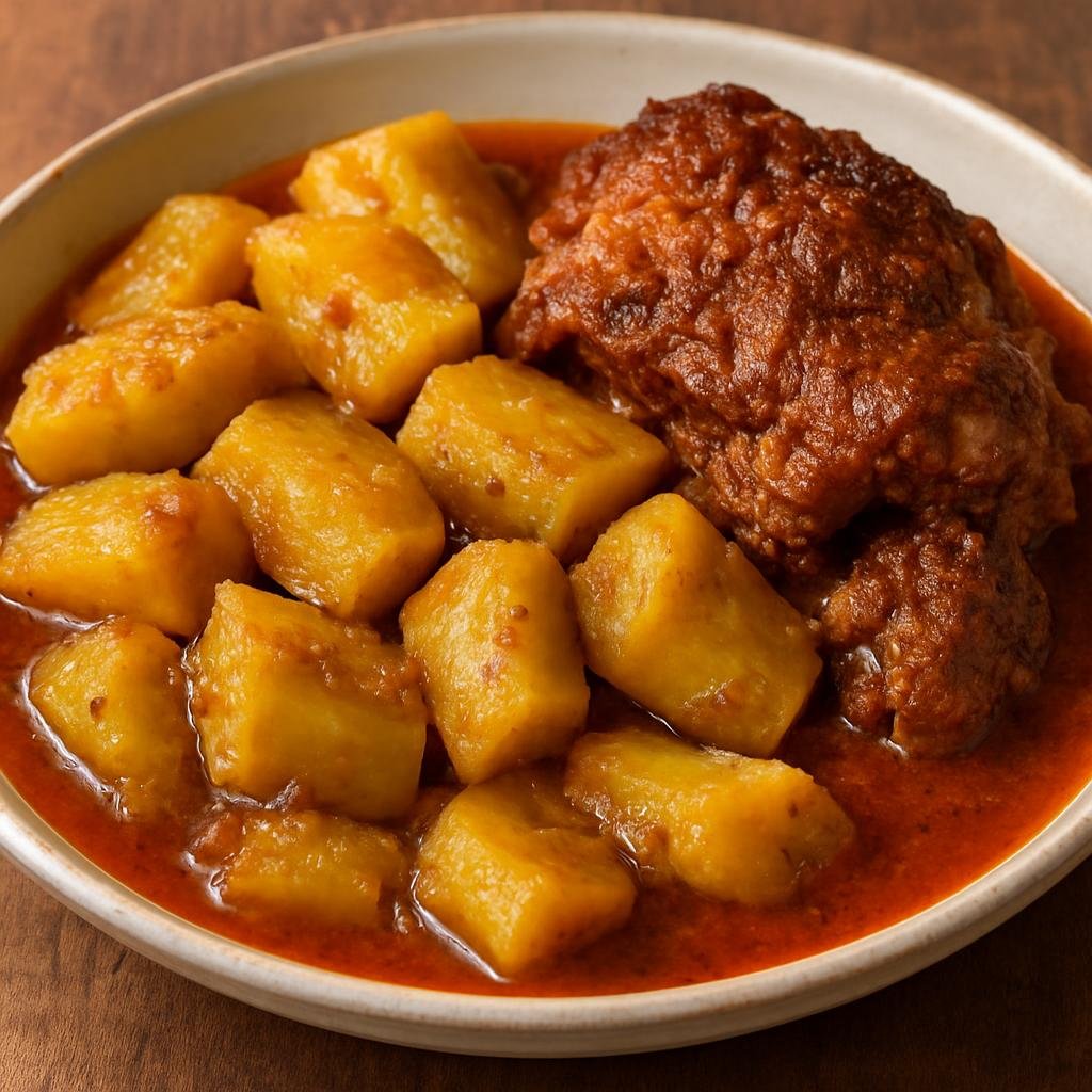 Entree: Kenya – Western Kenya – Matoke (Stewed green cooking bananas simmered until soft and often served with meat and savory sauce) recipe