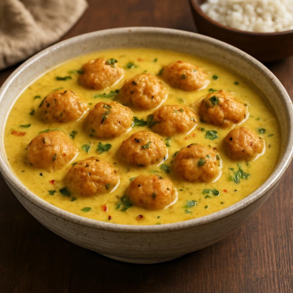 Entree: India – Punjab – कढ़ी पकोड़ा ➤ Kadhī Pakorā (Yogurt and chickpea-flour curry studded with fried gram-flour dumplings) recipe