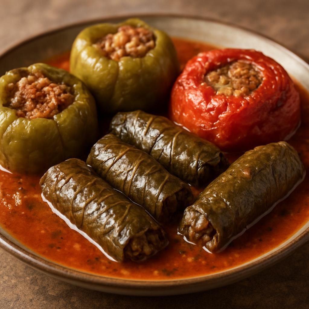 Entree: Syria – Syrian Kurdish Cuisine – Kurdish Dolma (Mixed stuffed vegetables and grape leaves filled with seasoned rice and lamb, simmered in a spiced tomato-lemon broth) recipe