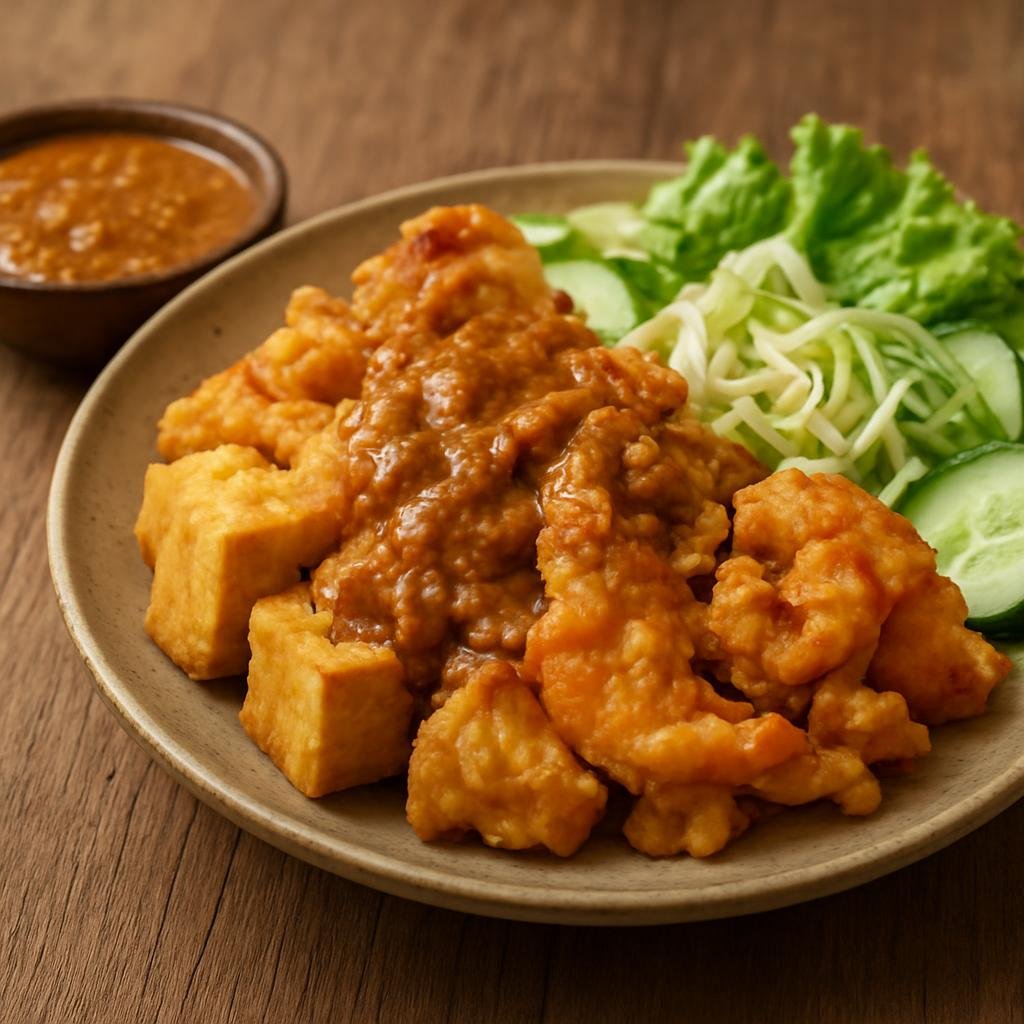 Entree: Indonesia – Central Java – Tahu Gimbal (Central Javanese fried tofu and shrimp fritters served with peanut sauce and vegetables) recipe