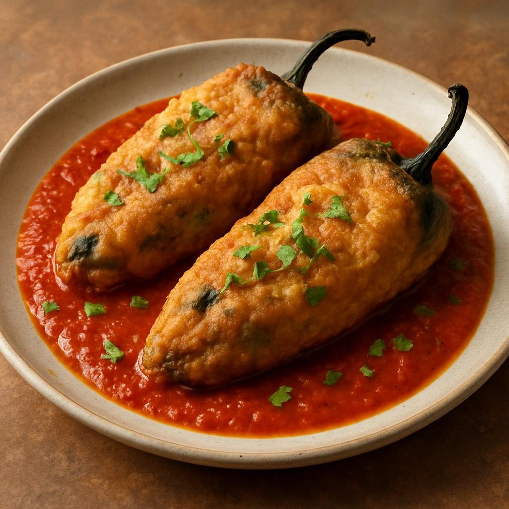 Entree: Mexico – Durango & Zacatecas – Chiles Rellenos de Durango (Roasted poblano chiles stuffed with seasoned meat or melting cheese, coated in a fluffy egg batter and fried then served with a tomato-chile sauce) recipe