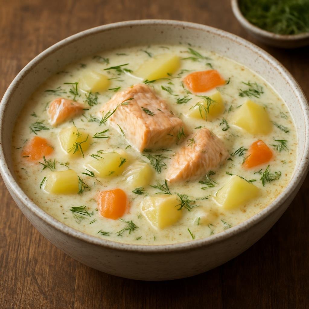 Entree: Finland – Southern Finland – Lohikeitto (Creamy Finnish salmon soup with potatoes, root vegetables, and dill) recipe