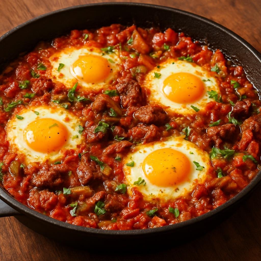 Entree: Iraq – Mosul & North – مَخْلَمَة ➤ Makhlama (Skillet of spiced sautéed onions, tomatoes and peppers topped with eggs and often lamb, traditional to Mosul) recipe