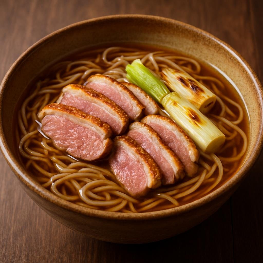 Entree: Japan – Kansai / Osaka-Kyoto – 鴨南蛮そば ➤ Kamo Nanban Soba (Hot buckwheat noodles in savory dashi broth topped with seared duck and scallions) recipe
