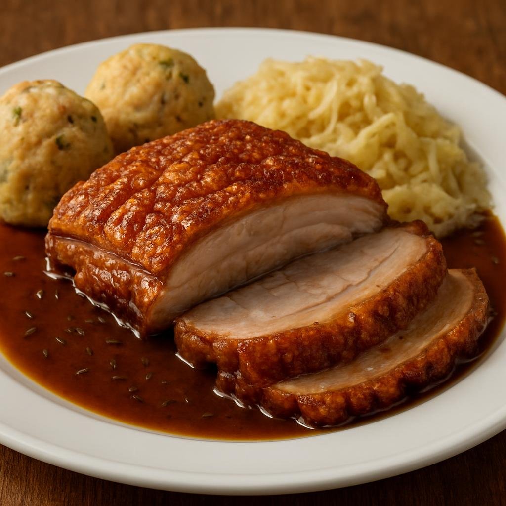 Entree: Austria – Vienna – Schweinsbraten (Traditional Viennese roast pork with crisp crackling and a dark caraway-infused gravy) recipe